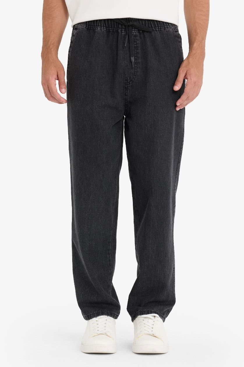 Erkek Siyah %100 Pamuk Wide Leg Beli Bağcıklı Lastikli Geniş Paça Jean Pantolon