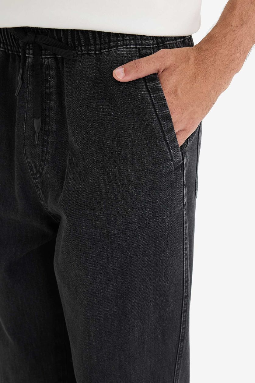 Erkek Siyah %100 Pamuk Wide Leg Beli Bağcıklı Lastikli Geniş Paça Jean Pantolon