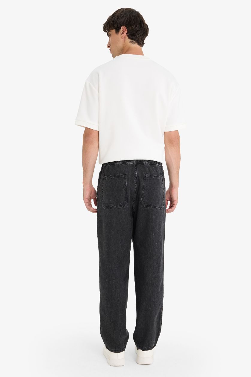 Erkek Siyah %100 Pamuk Wide Leg Beli Bağcıklı Lastikli Geniş Paça Jean Pantolon