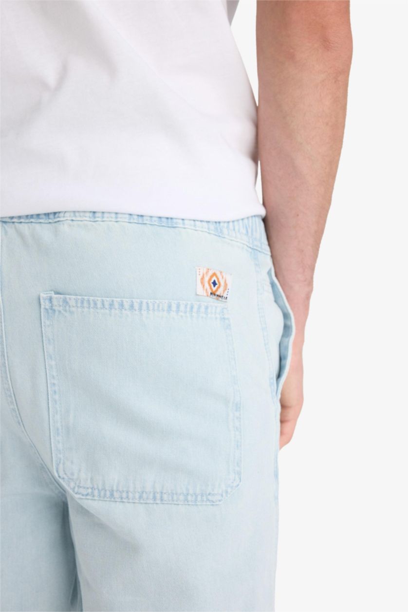 Man Ice Blue Cotton Wide Leg Elastic Waist Jeans