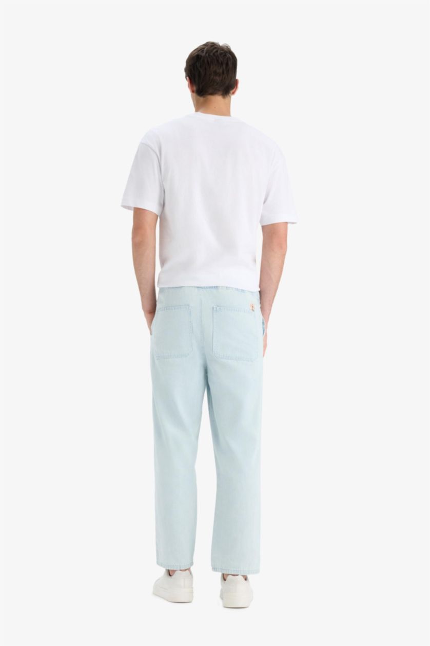 Man Ice Blue Cotton Wide Leg Elastic Waist Jeans