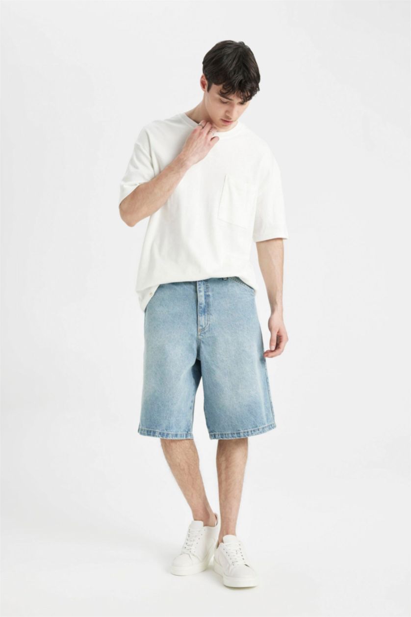 MAN Light Blue Baggy Fit Denim Bermuda Shorts