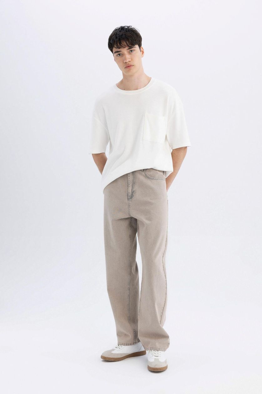 Erkek Gri %100 Pamuk Baggy Fit Geniş Kalıp Normal Bel Geniş Paça Jean Pantolon