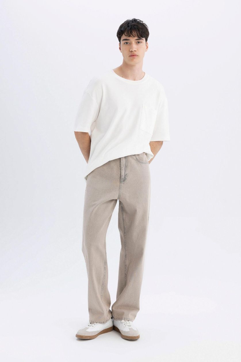 Erkek Gri %100 Pamuk Baggy Fit Geniş Kalıp Normal Bel Geniş Paça Jean Pantolon