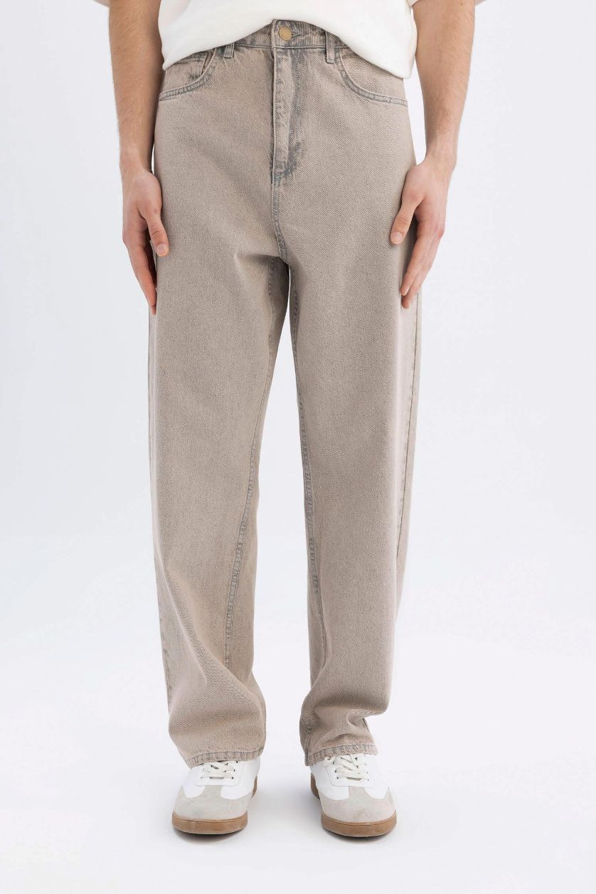 Erkek Gri %100 Pamuk Baggy Fit Geniş Kalıp Normal Bel Geniş Paça Jean Pantolon