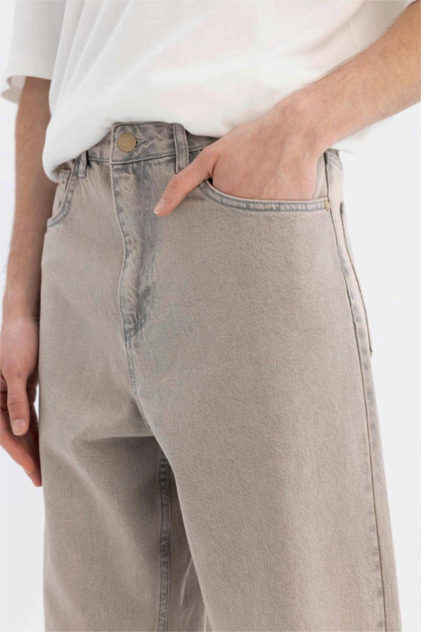 Erkek Gri %100 Pamuk Baggy Fit Geniş Kalıp Normal Bel Geniş Paça Jean Pantolon