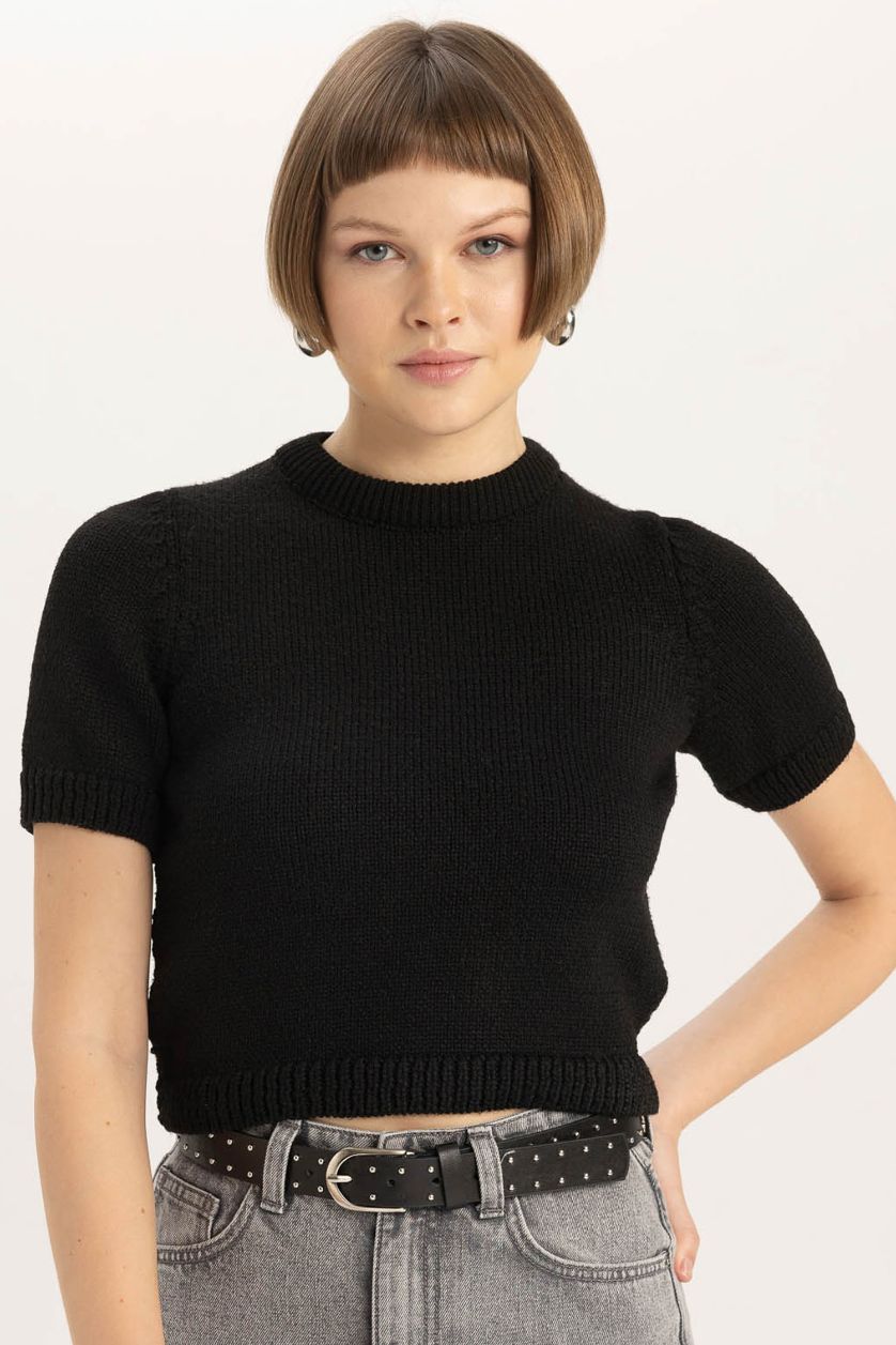 WOMAN Black Fitted Crew Neck Short Sleeve Knitted Pullover