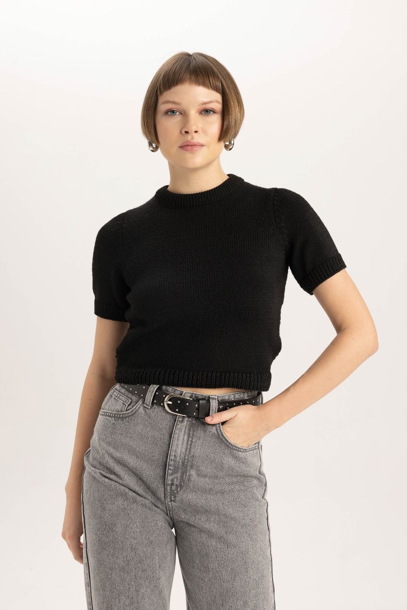 WOMAN Black Fitted Crew Neck Short Sleeve Knitted Pullover