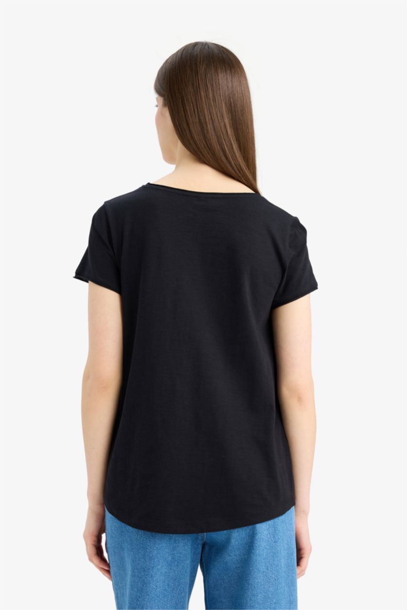 Kadın Siyah Regular Fıt V Yaka Basıc Düz Kısa Kollu Tişört