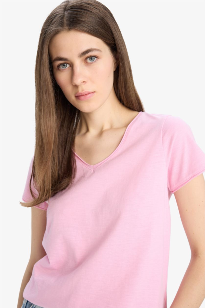 WOMAN Light Pink Regular Fit V Neck Basic T-Shirt