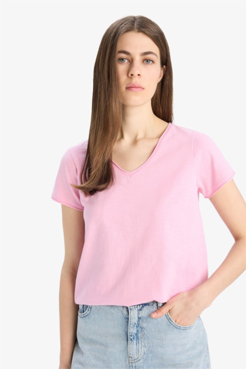 WOMAN Light Pink Regular Fit V Neck Basic T-Shirt
