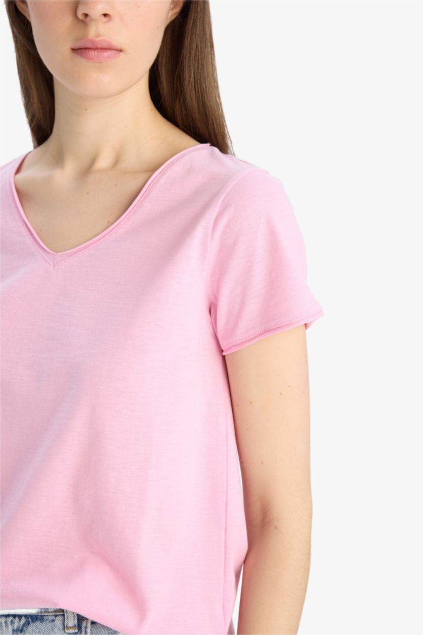 WOMAN Light Pink Regular Fit V Neck Basic T-Shirt
