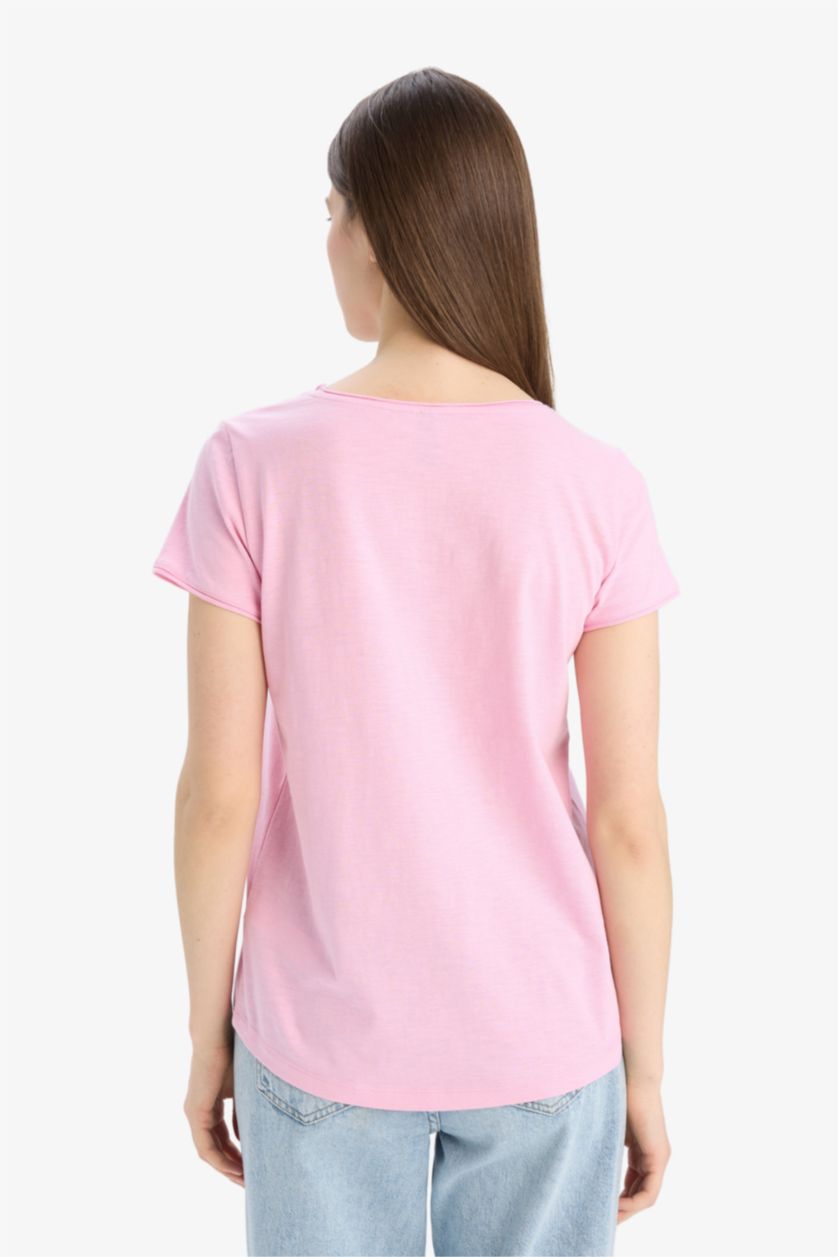 WOMAN Light Pink Regular Fit V Neck Basic T-Shirt