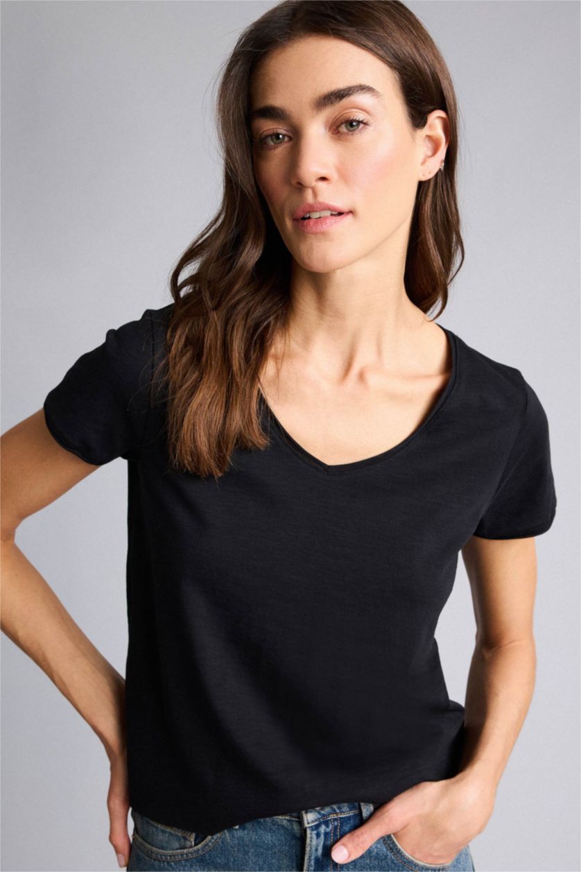 Женщины Черный Базовая однотонная футболка Regular Fit с V-образным вырезом и коротким рукавом