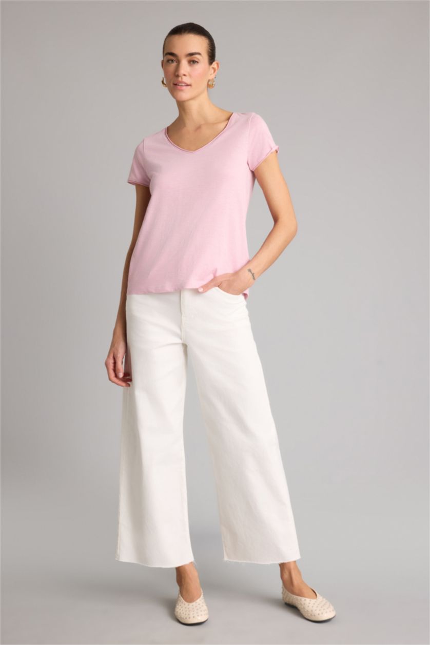 Женщины Розовый Базовая однотонная футболка Regular Fit с V-образным вырезом и коротким рукавом