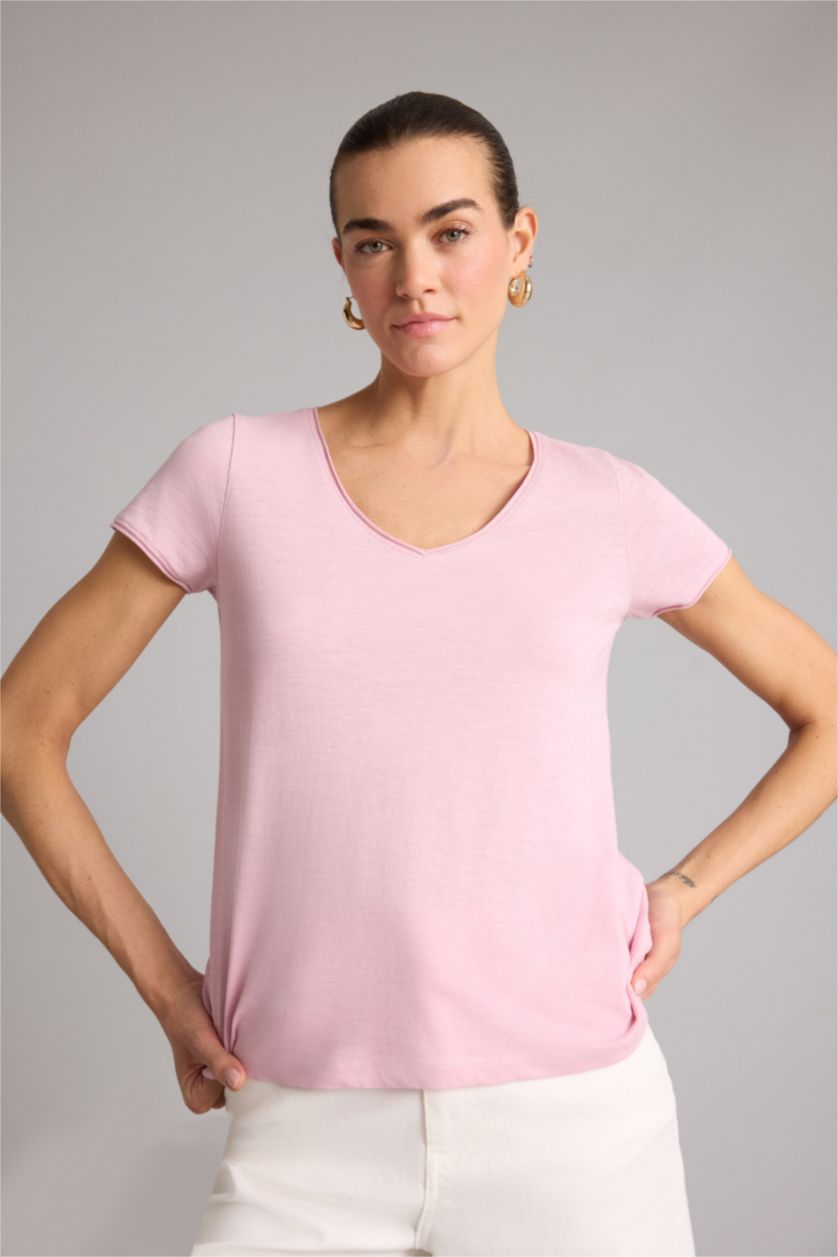 Женщины Розовый Базовая однотонная футболка Regular Fit с V-образным вырезом и коротким рукавом