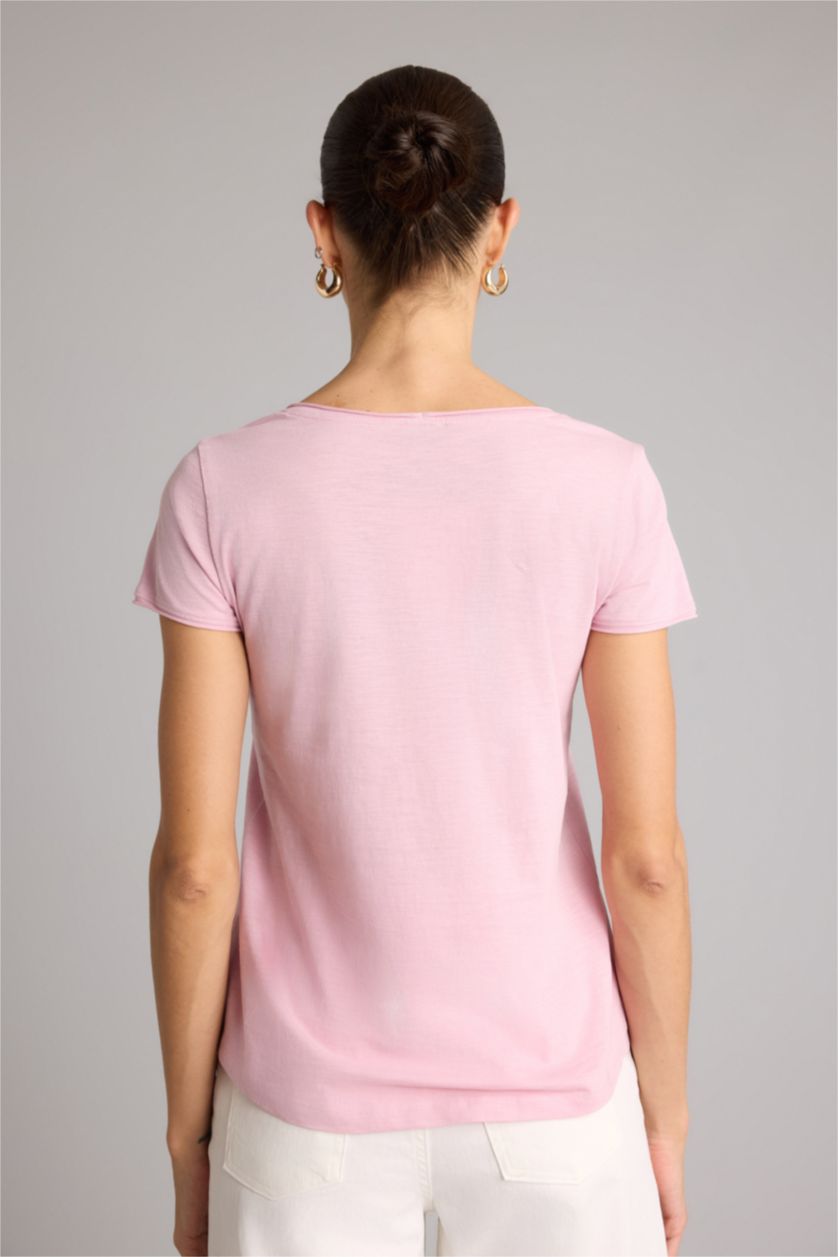 Женщины Розовый Базовая однотонная футболка Regular Fit с V-образным вырезом и коротким рукавом