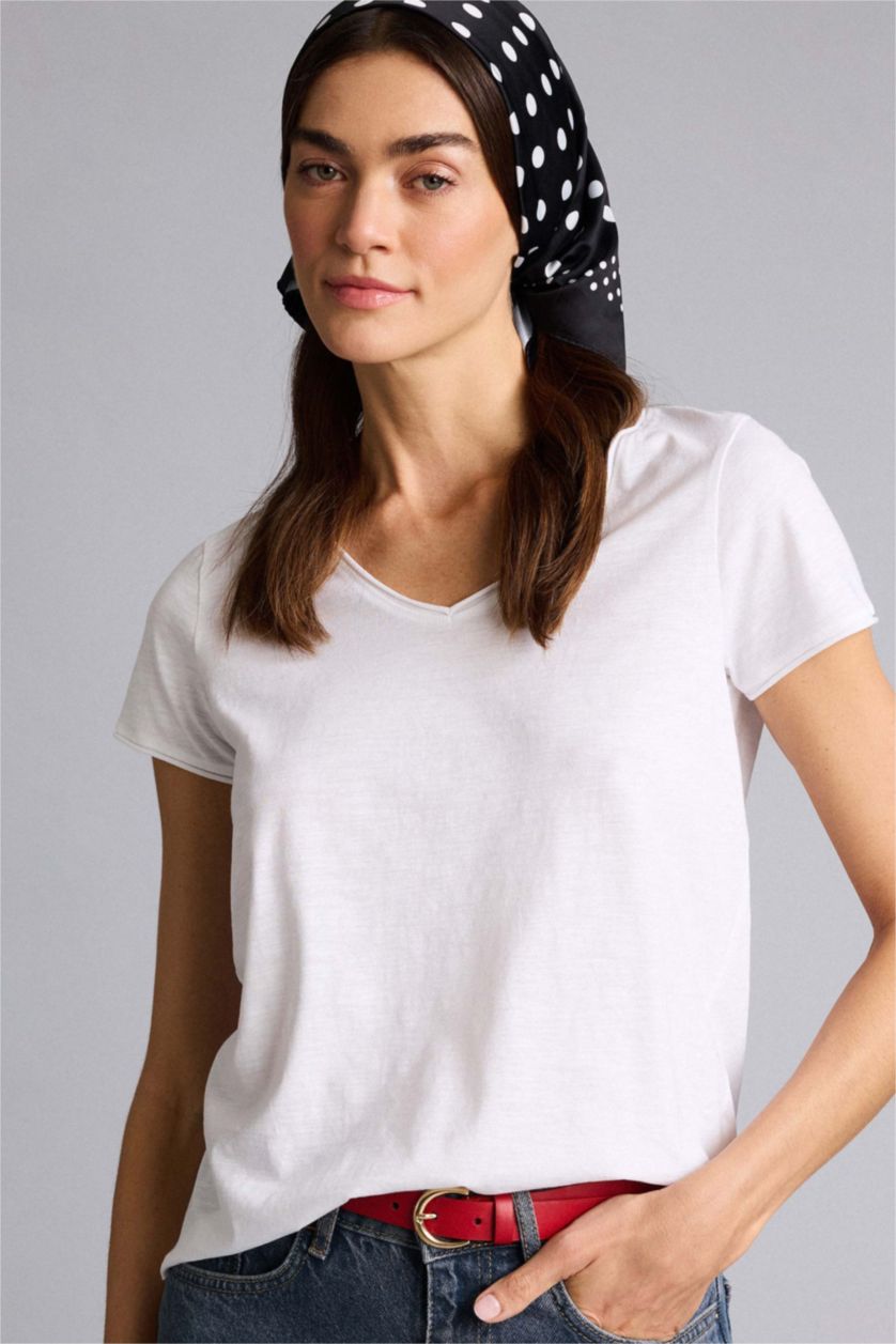 Женщины Белый Базовая однотонная футболка Regular Fit с V-образным вырезом и коротким рукавом