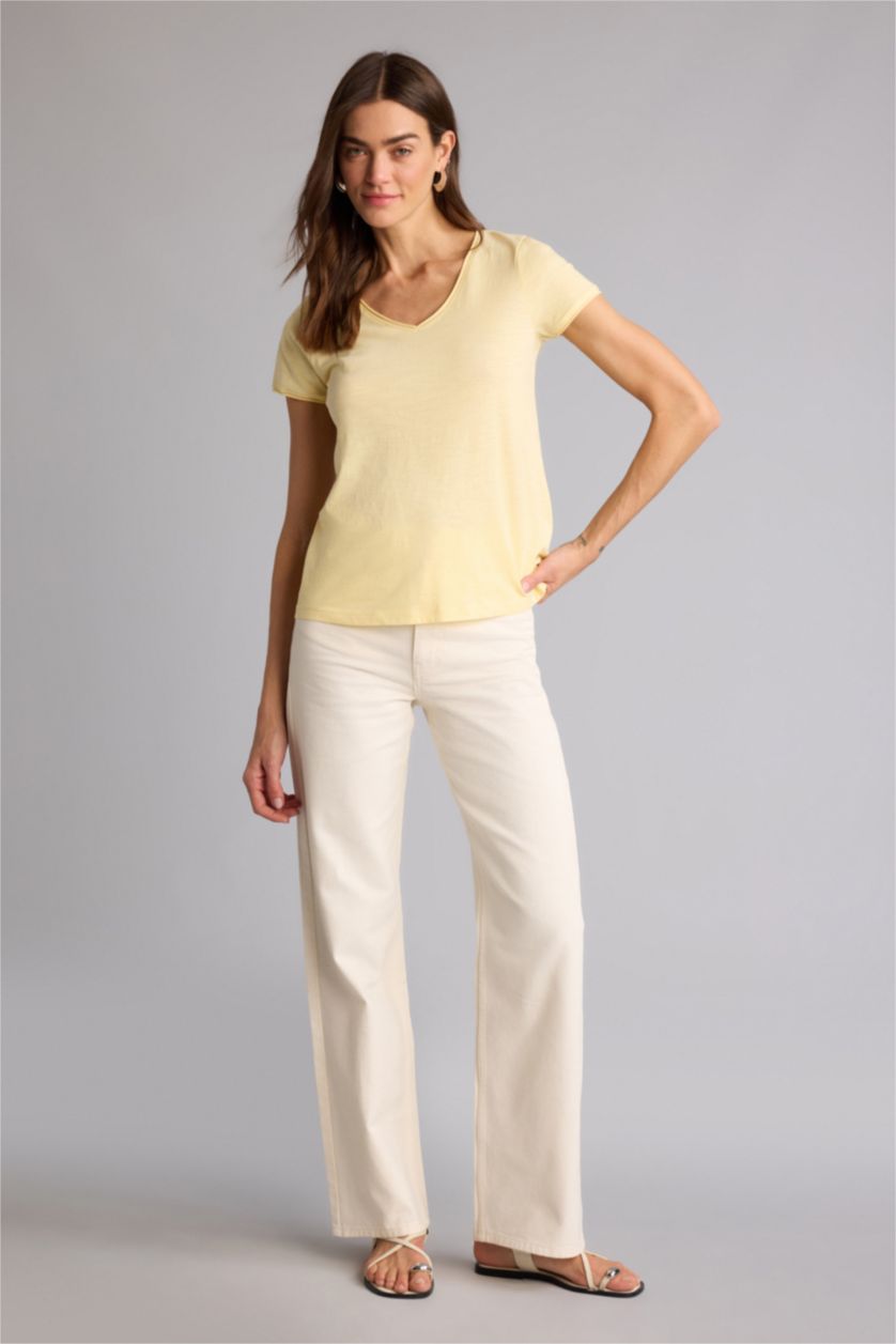 Женщины Светло-желтый Базовая однотонная футболка Regular Fit с V-образным вырезом и коротким рукавом