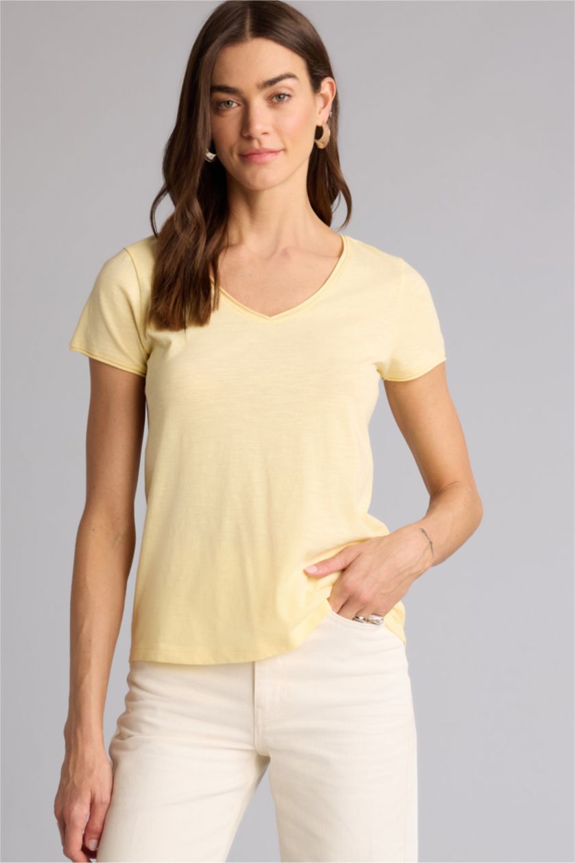 Женщины Светло-желтый Базовая однотонная футболка Regular Fit с V-образным вырезом и коротким рукавом