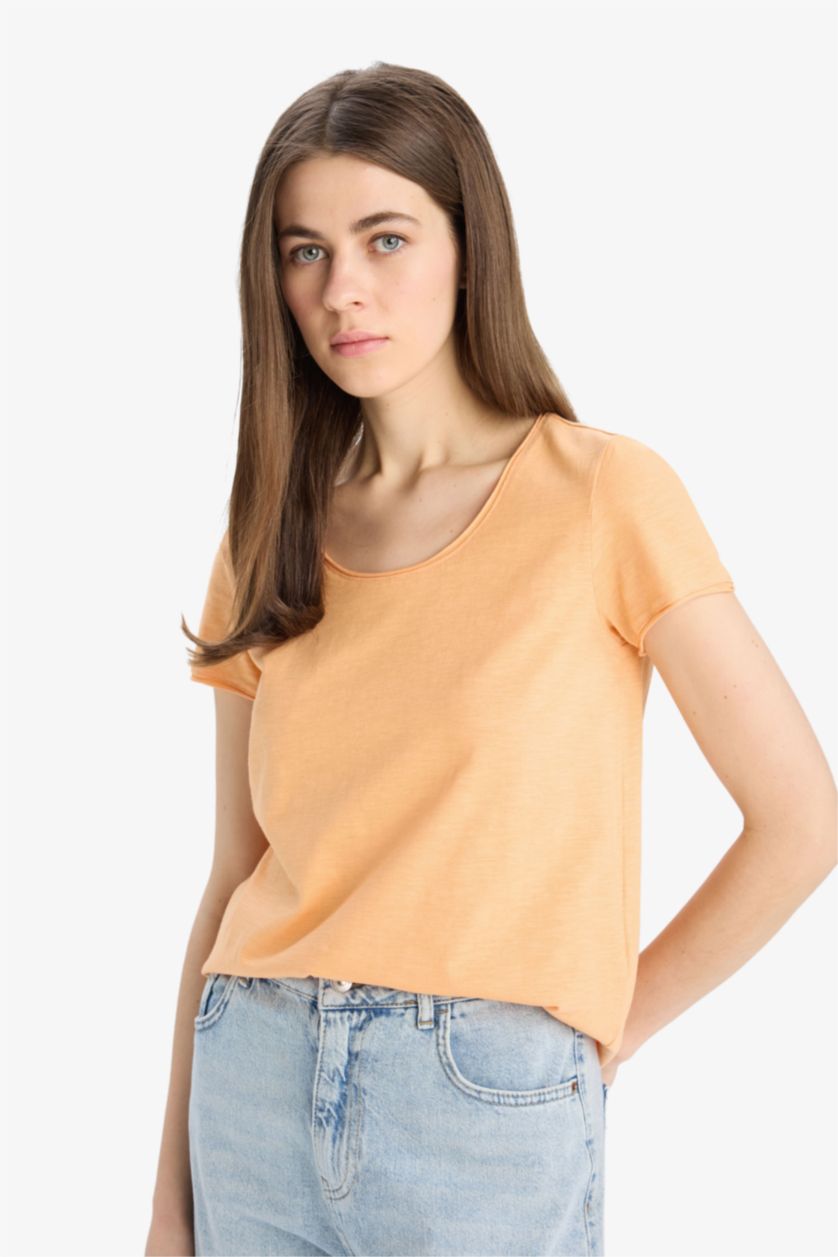 Woman Salmon Regular Fit Bicycle Collar Basic T-Shirt