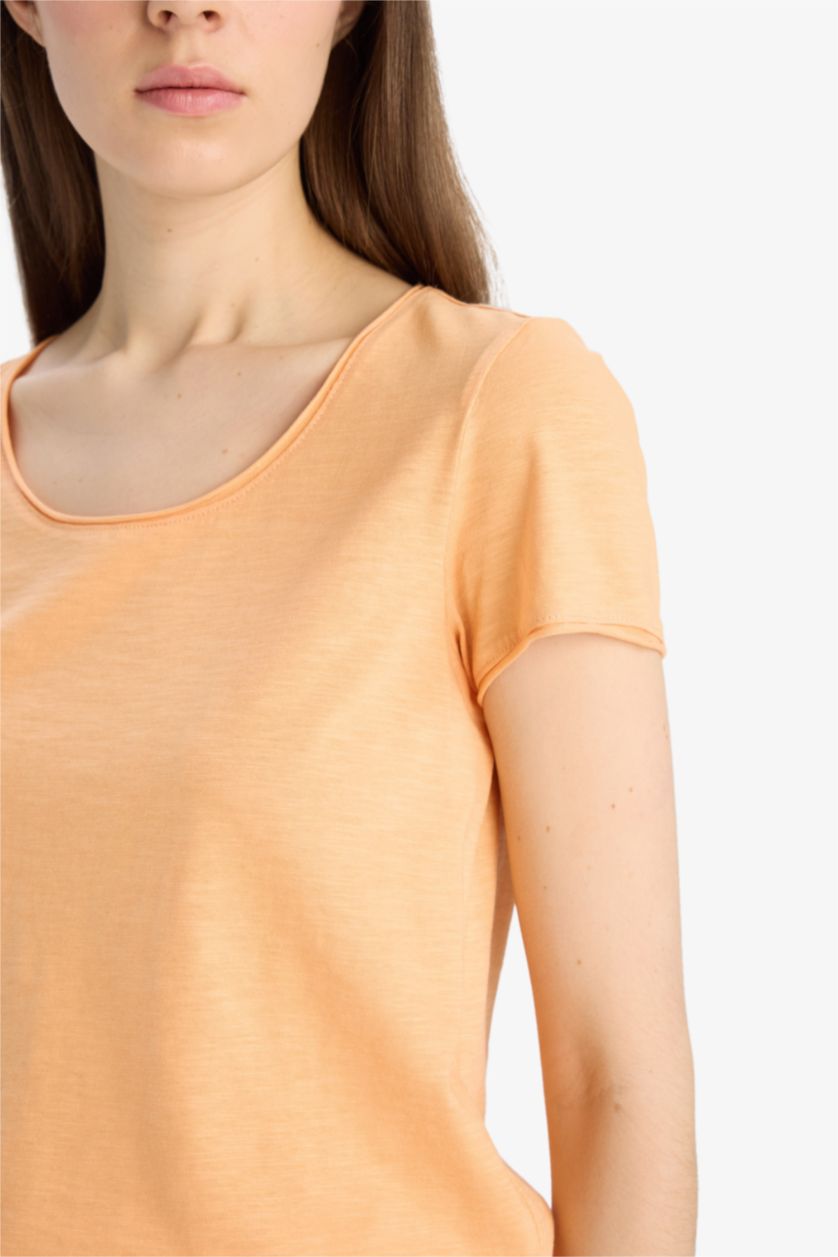 Woman Salmon Regular Fit Bicycle Collar Basic T-Shirt