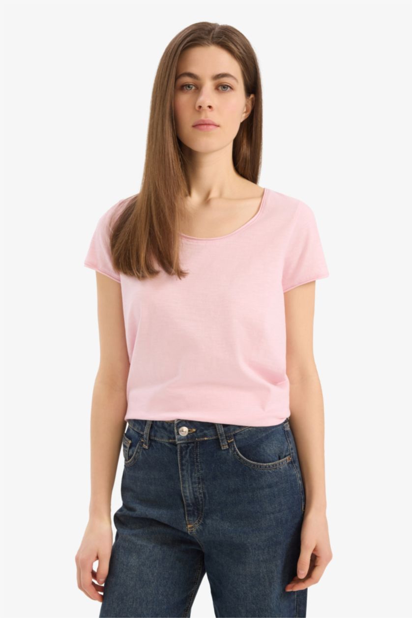 Kadın Açık Pembe %100 Pamuk Basıc Tişört
