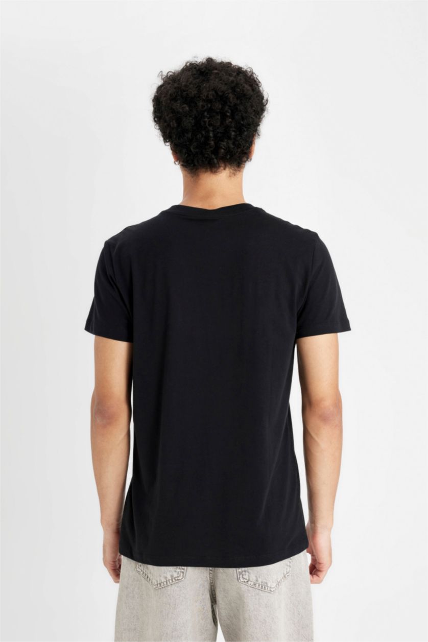 Erkek Siyah %100 Pamuk Siyah Slim Fit Dar Kesim Bisiklet Yaka Baskılı Kısa Kollu Tişört