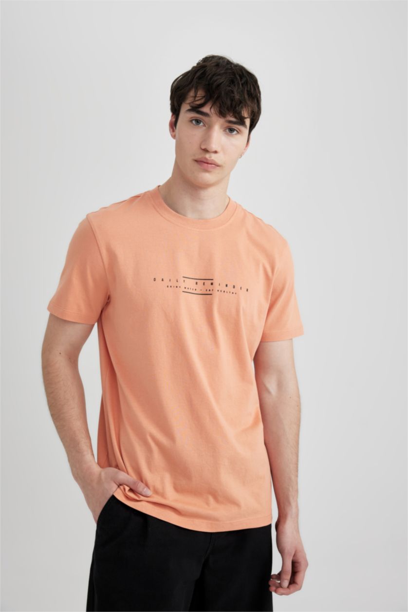 Erkek Somon Slim Fit Dar Kesim Bisiklet Yaka Baskılı Kısa Kollu Tişört