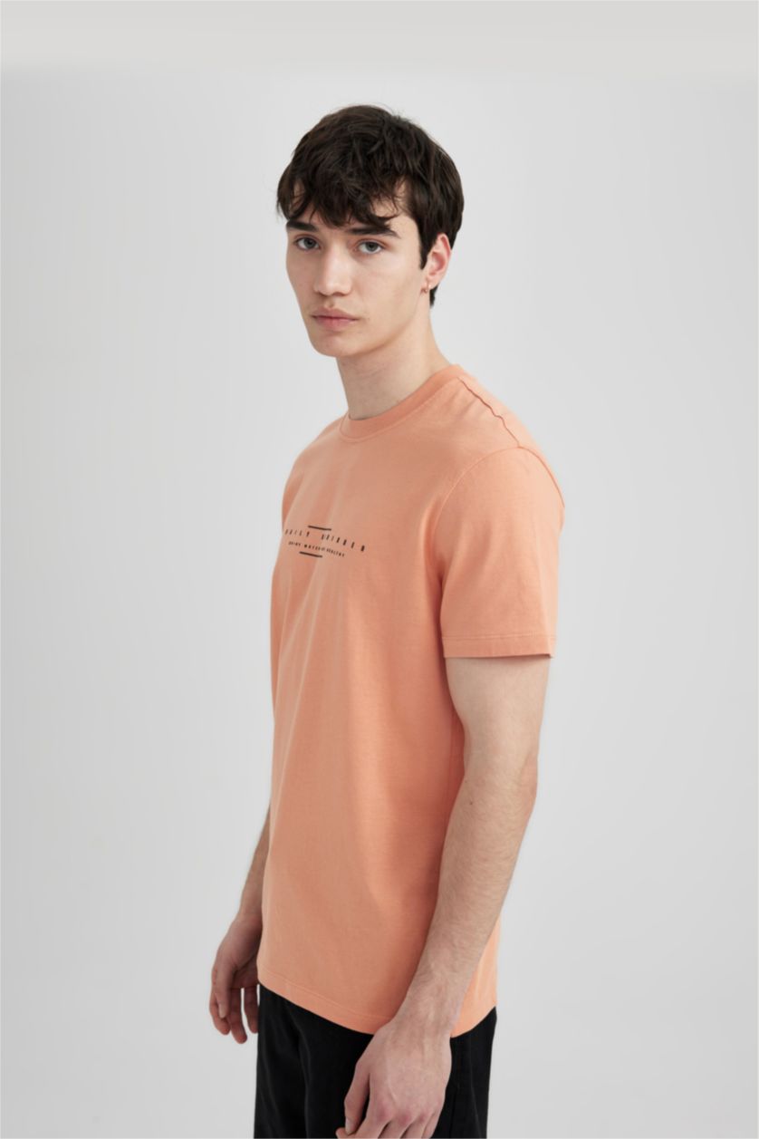 Erkek Somon Slim Fit Dar Kesim Bisiklet Yaka Baskılı Kısa Kollu Tişört