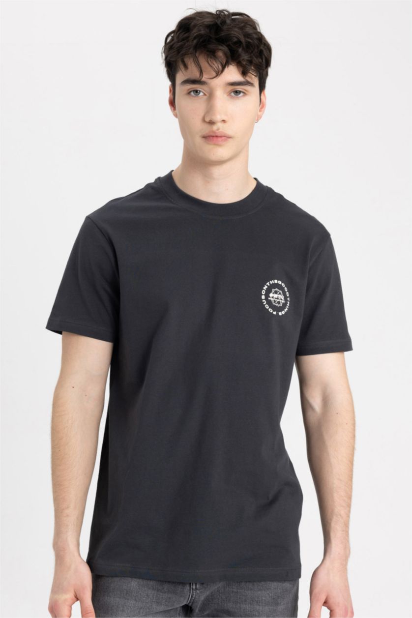 Erkek Antrasit %100 Pamuk Slim Fit Baskılı Tişört