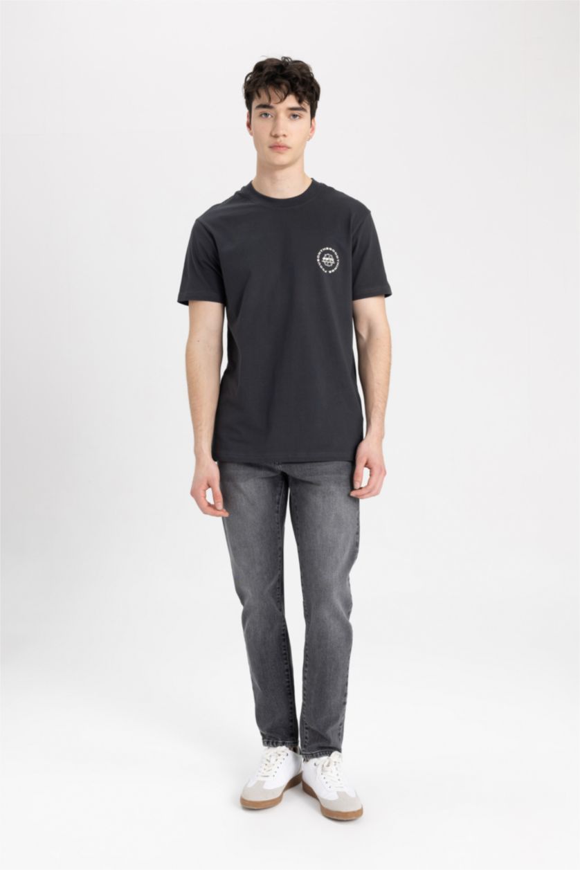 Erkek Antrasit %100 Pamuk Slim Fit Baskılı Tişört