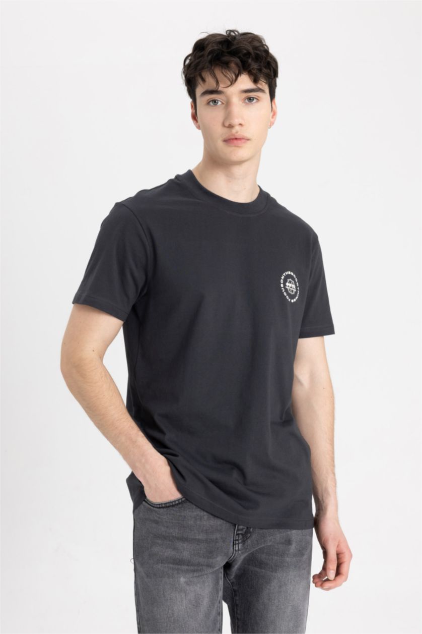 Erkek Antrasit %100 Pamuk Slim Fit Baskılı Tişört