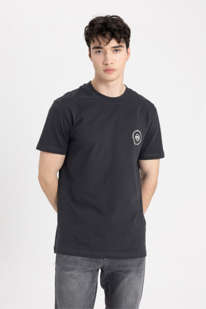 Erkek Antrasit %100 Pamuk Slim Fit Baskılı Tişört
