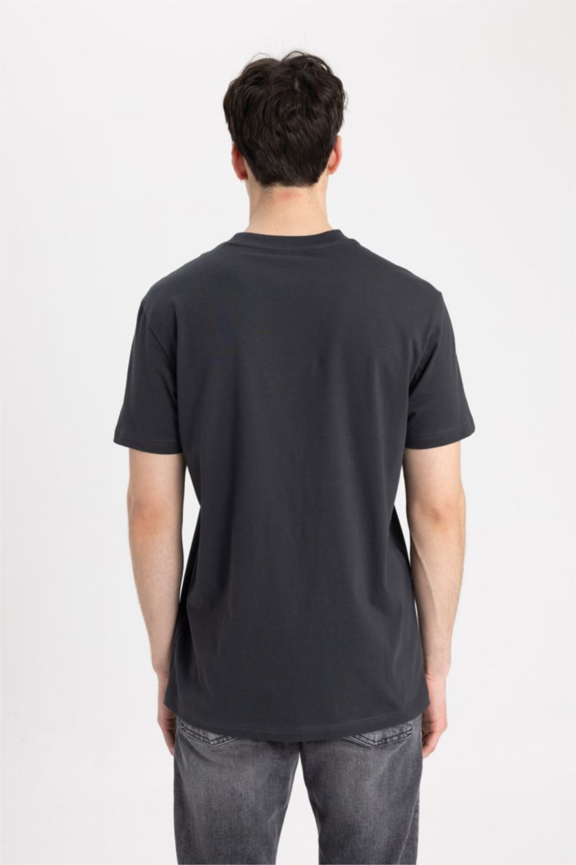 Erkek Antrasit %100 Pamuk Slim Fit Baskılı Tişört