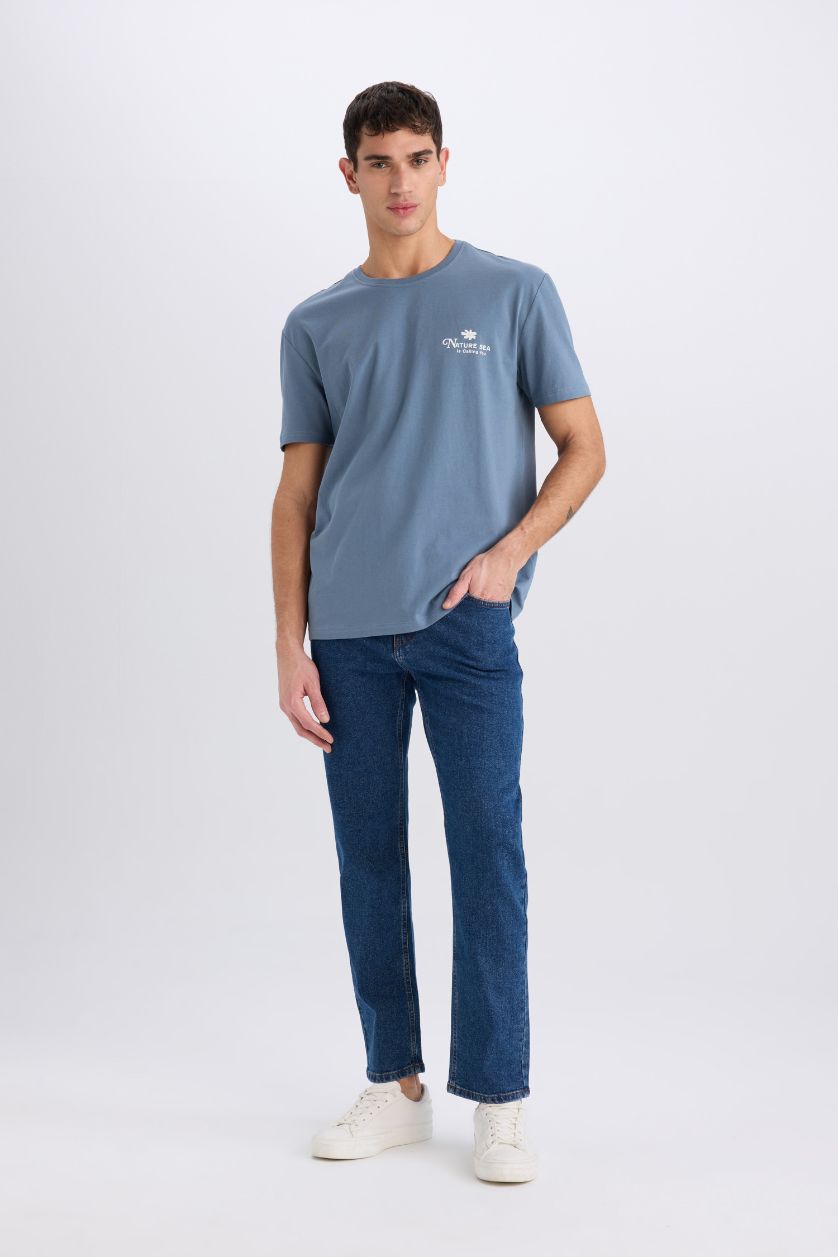 Erkek Açık İndigo %100 Pamuk Regular Fit Bisiklet Yaka Baskılı Kısa Kollu Tişört