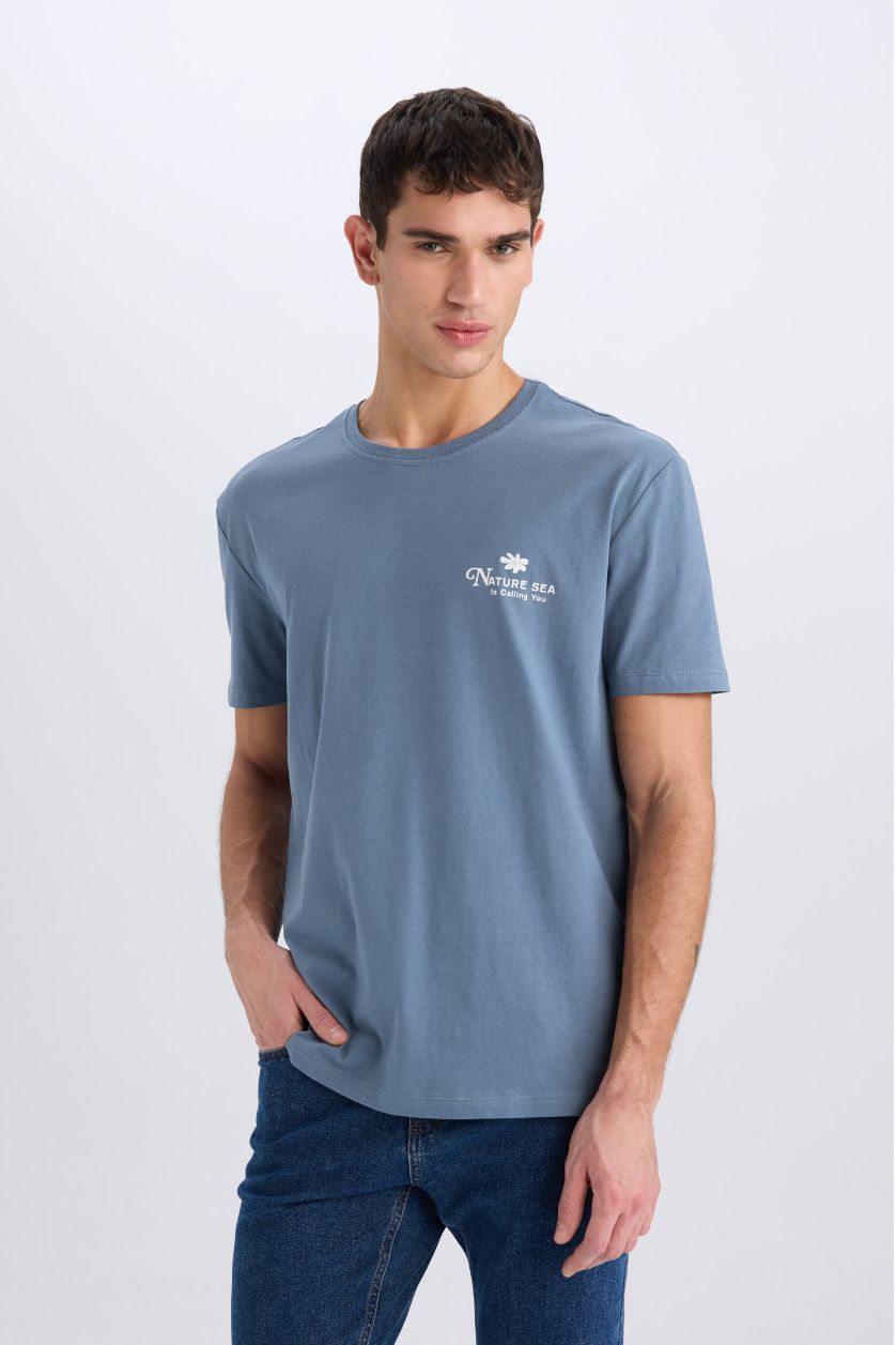 Erkek Açık İndigo %100 Pamuk Regular Fit Bisiklet Yaka Baskılı Kısa Kollu Tişört
