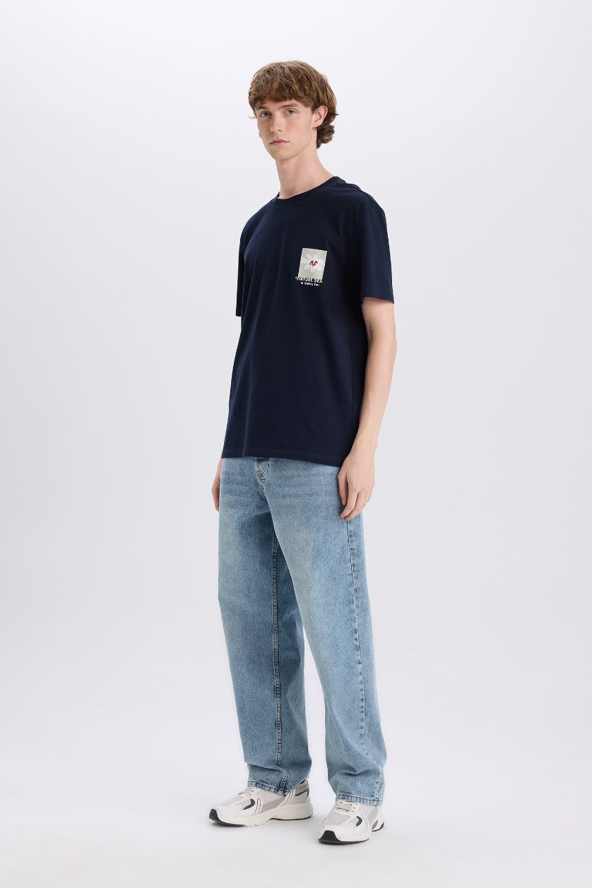 Erkek Lacivert %100 Pamuk Regular Fit Bisiklet Yaka Baskılı Kısa Kollu Tişört