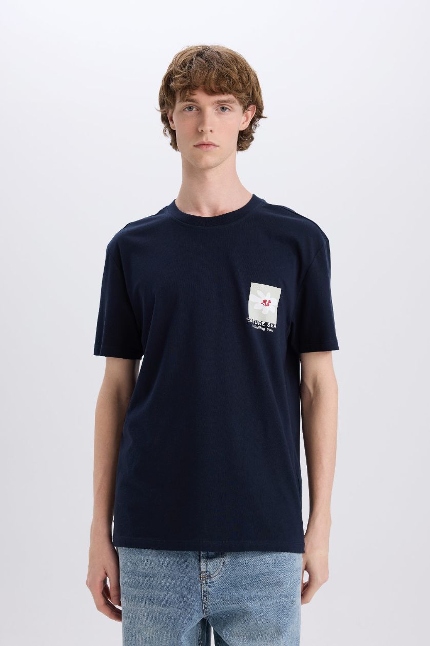 Erkek Lacivert %100 Pamuk Regular Fit Bisiklet Yaka Baskılı Kısa Kollu Tişört