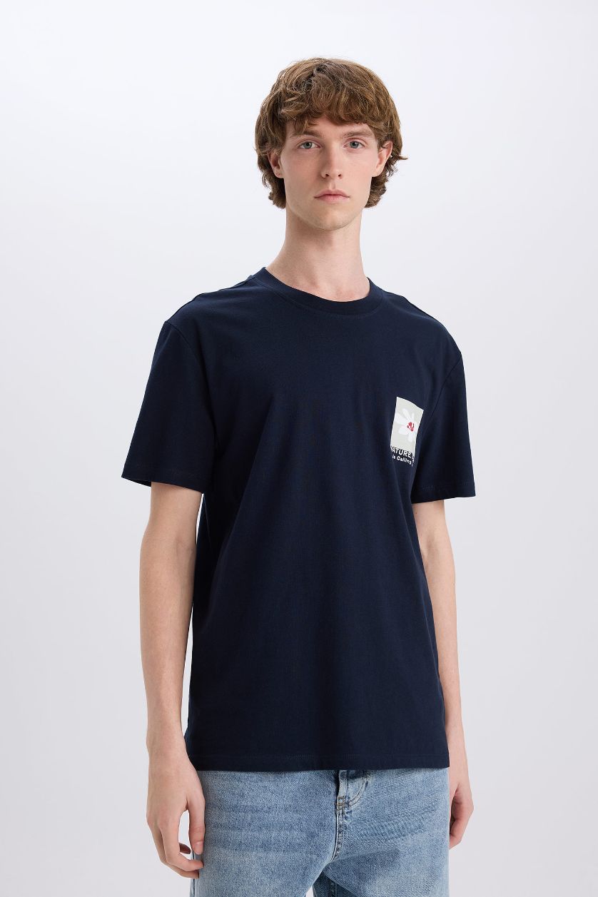Erkek Lacivert %100 Pamuk Regular Fit Bisiklet Yaka Baskılı Kısa Kollu Tişört