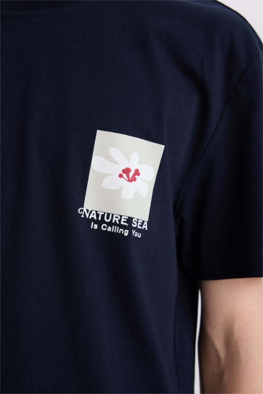 Erkek Lacivert %100 Pamuk Regular Fit Bisiklet Yaka Baskılı Kısa Kollu Tişört