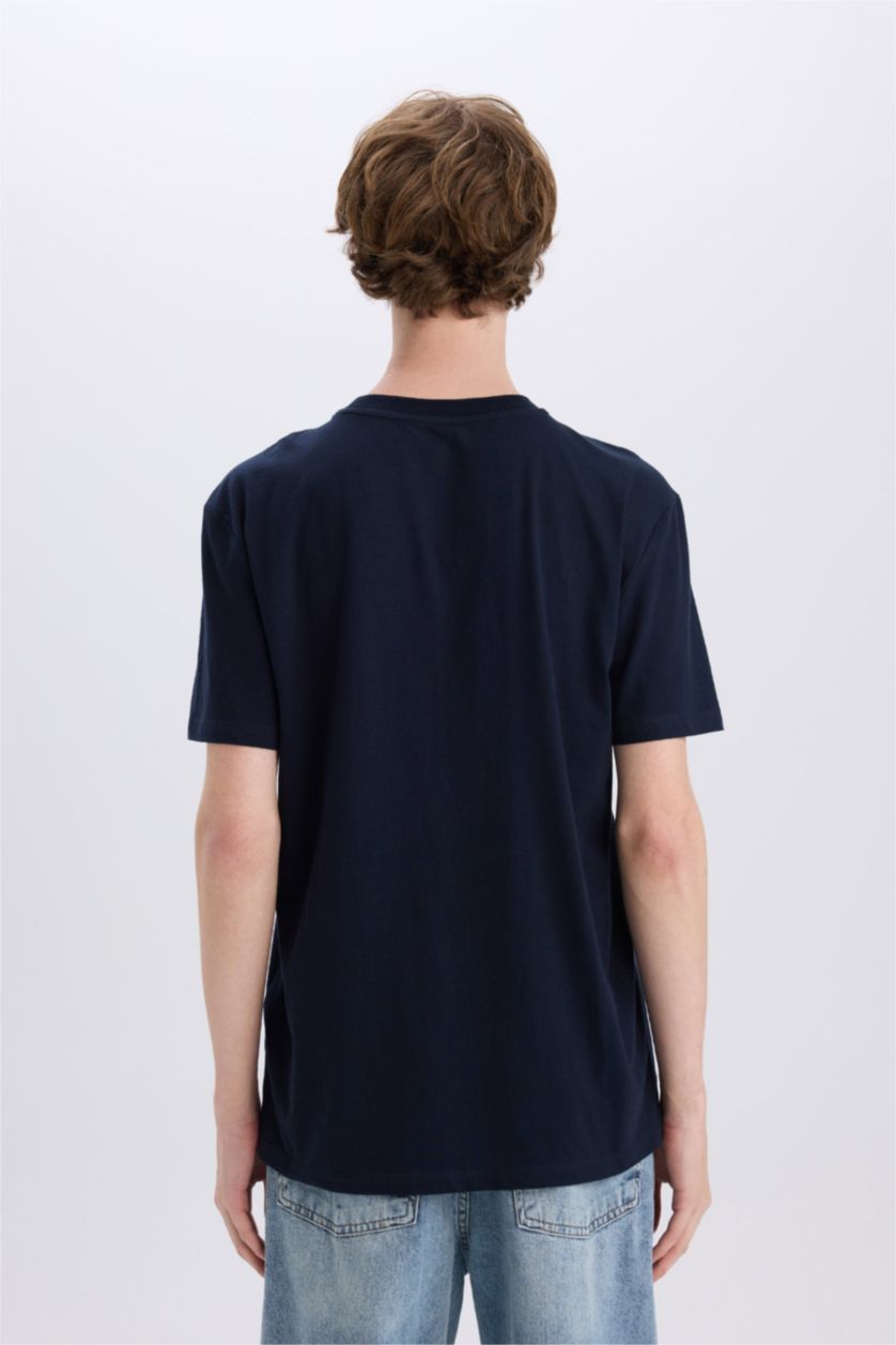 Erkek Lacivert %100 Pamuk Regular Fit Bisiklet Yaka Baskılı Kısa Kollu Tişört