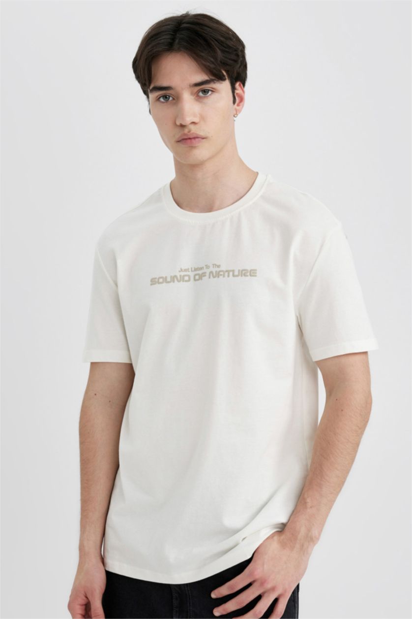 Man Ecru Regular Fit Crew Neck Printed Short Sleeve T-Shirt