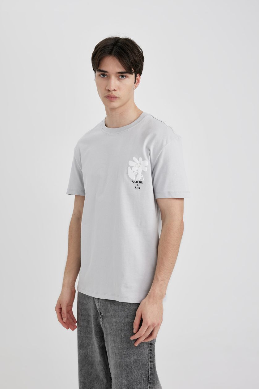 Erkek Açık Gri Regular Fit Bisiklet Yaka Baskılı Kısa Kollu Tişört