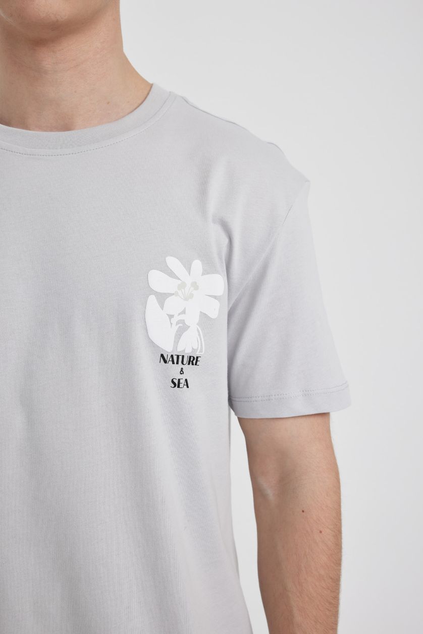 Erkek Açık Gri Regular Fit Bisiklet Yaka Baskılı Kısa Kollu Tişört