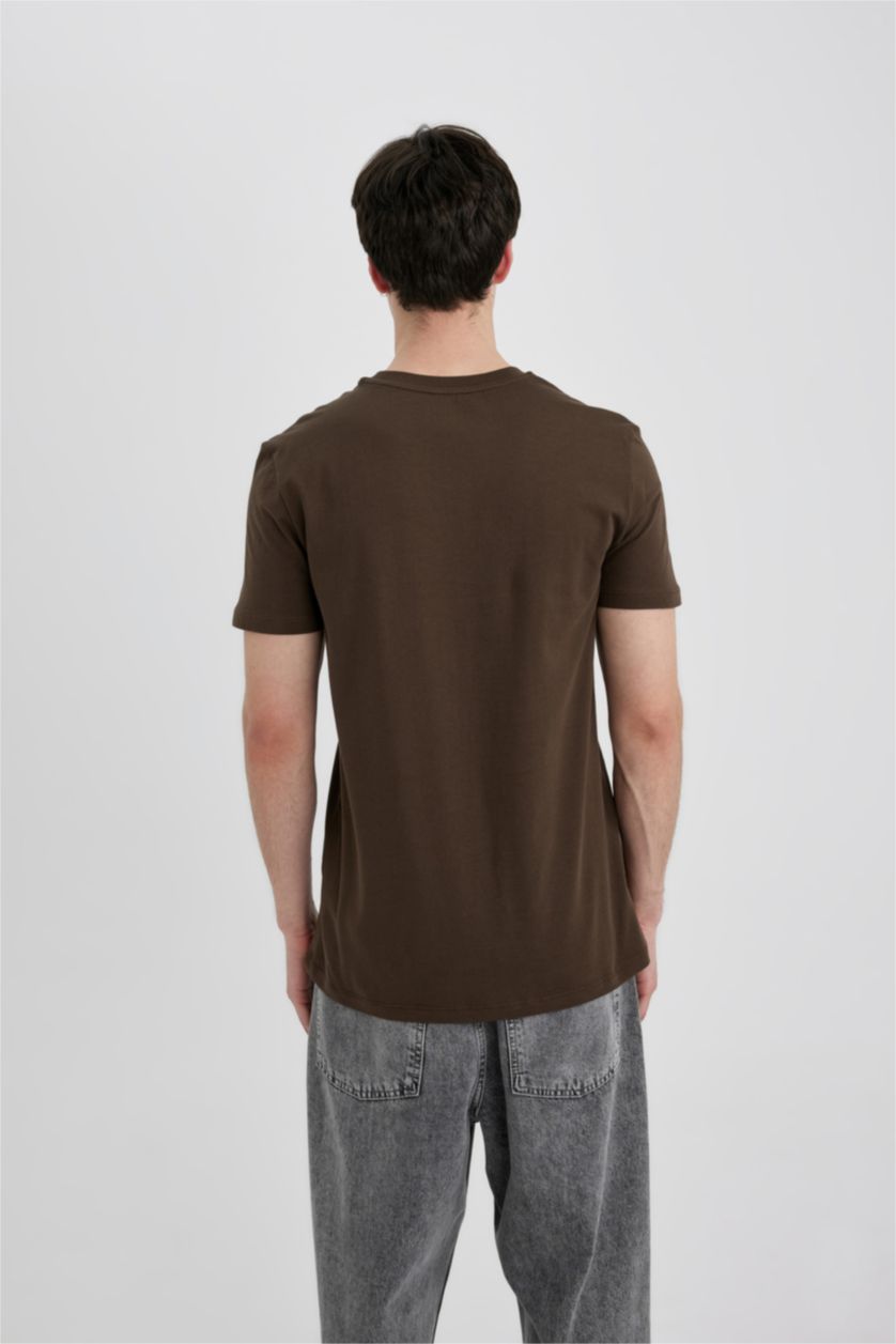 Erkek Kahve Slim Fit Dar Kesim Bisiklet Yaka Baskılı Kısa Kollu Tişört