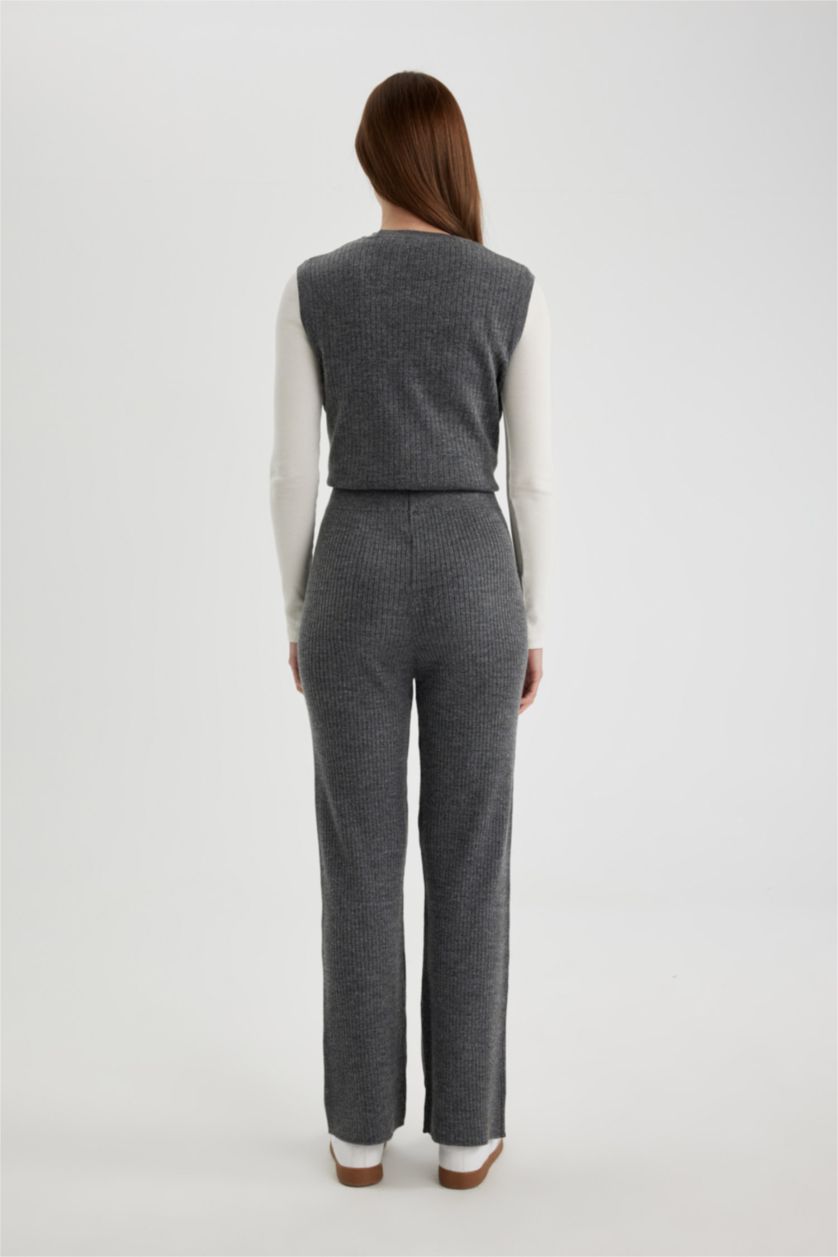 FEMME Gris Pantalon Droit en Tricot