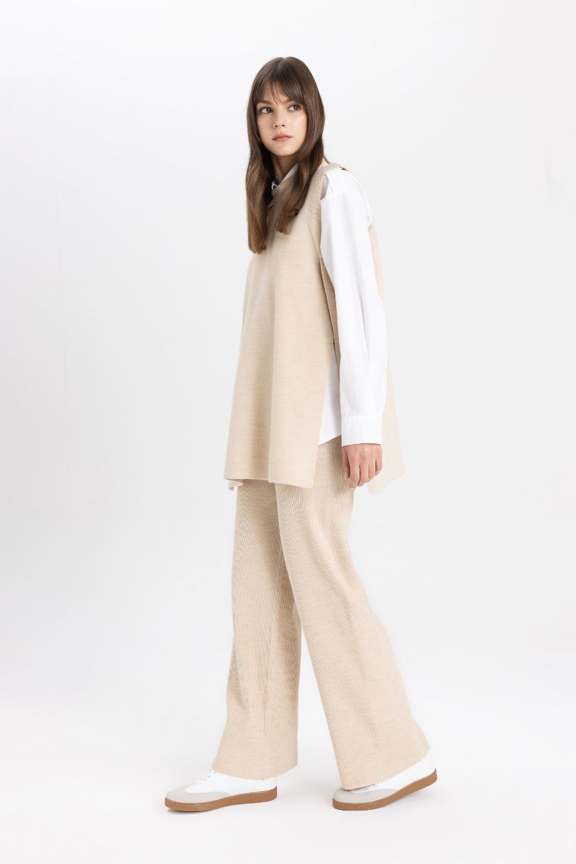 Kadın Taş Triko Pantolon Straight Fit Geniş Bol Paça