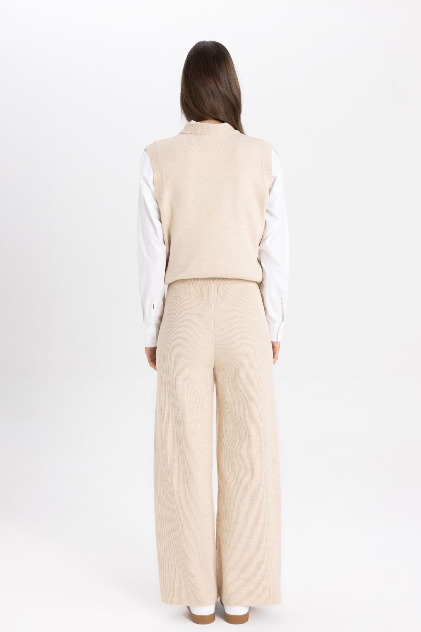 Kadın Taş Triko Pantolon Straight Fit Geniş Bol Paça