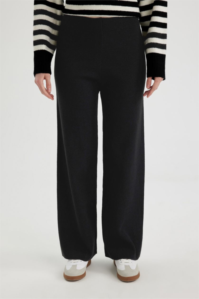 FEMME Noir Pantalon Droit en Tricot